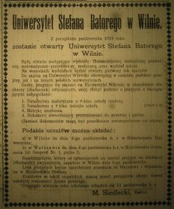 Ogłoszenie w  prasie o naborze studentów na rok akademicki 1919/1920