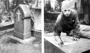 Tu obok swojej żony Ewy Podczaszyńskiej pochowany został Karol Podczaszyński; ostatnie pomiary, wkrótce Saulius Vingras przystąpi do wybijania tekstu na pomniku architekta