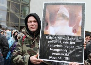 „Głosujemy na polityków z Polski, gdyż tam surowe mleko jest droższe, a produkcja tańsza!!!” — głosił napis na jednym z plakatów Fot. Marian Paluszkiewicz