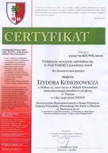 Certyfikat Pamięci poświęcony Izydorowi Kononowiczowi