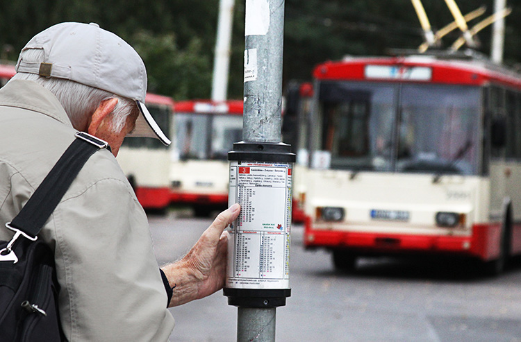 Mężczyzna w podeszłym wieku sprawdzający rozkład autobusowy w Wilnie