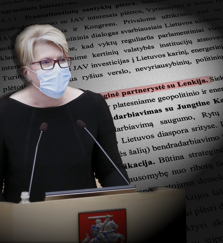 Ingrida Šimonytė przemawia w Sejmie Republiki Litewskiej, w tle program jej rządu z wyróżnionym punktem o partnerstwie strategicznym z Polską.