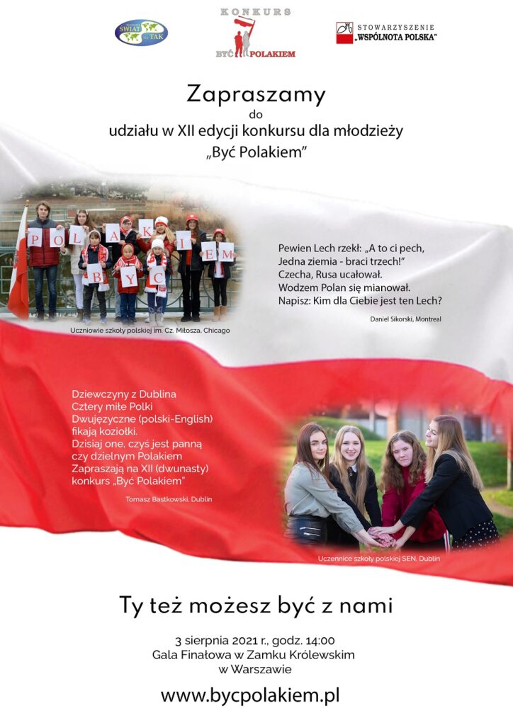 Plakat reklamujący XII edycję konkursu „Być Polakiem organizowanego przez Stowarzyszenie „Wspólnota Polska”
