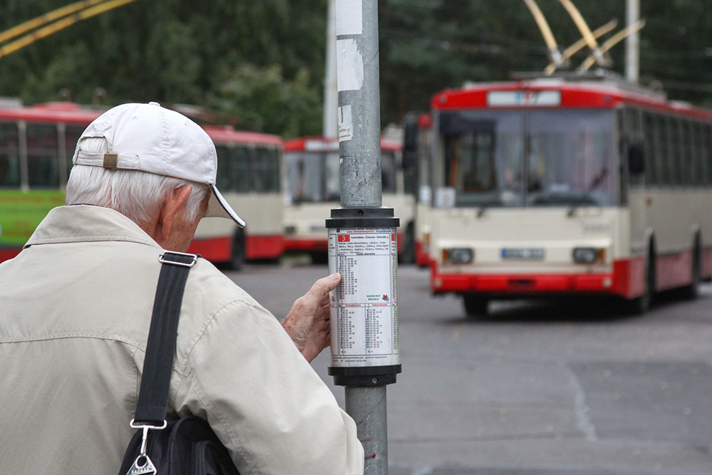Staruszek rozpatruje grafik jazdy trolejbusów.