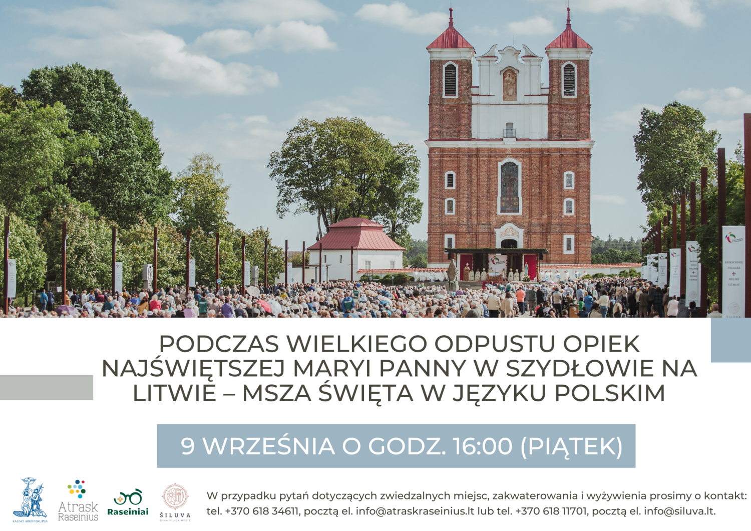 Afisz z zaproszeniem na mszę świętą w języku polskim w Szydłowie.