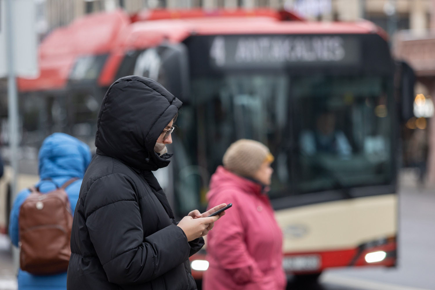Kobieta na telefonie komórkowym sprawdza rozkład autobusów.