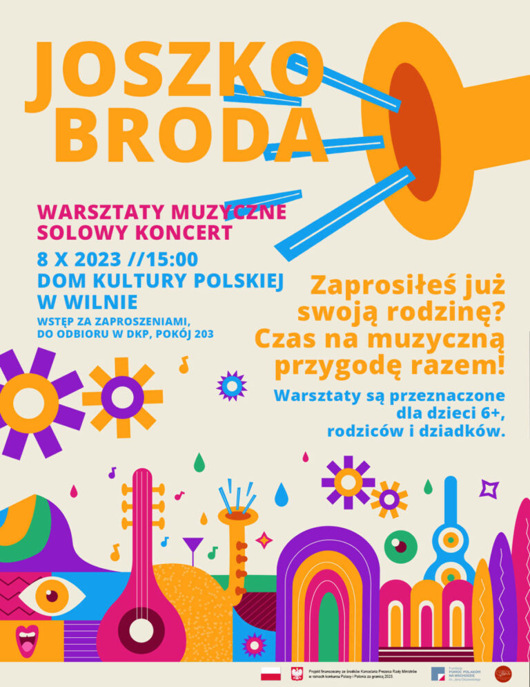 Afisz „Joszko Broda w DKP. Rodzinne warsztaty muzyczne i koncert”.