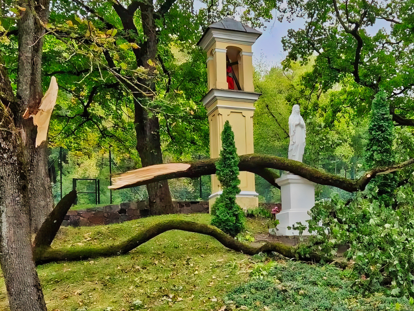 Konar drzewa, wyrwany wiatrem z pnia, upadł na pomnik Maryi Panny.
