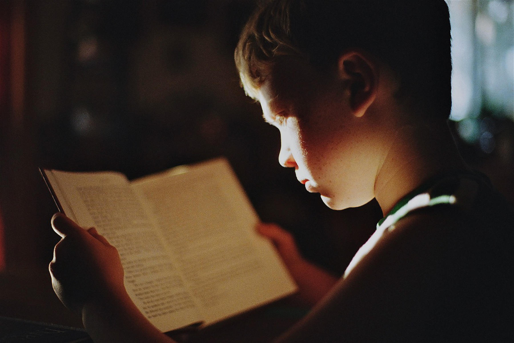 Chłopczyk czyta książkę.