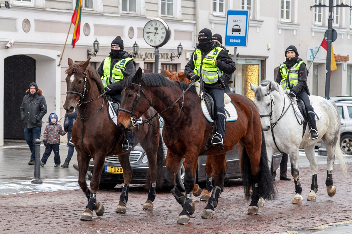 Policjanci na koniach w Wilnie.