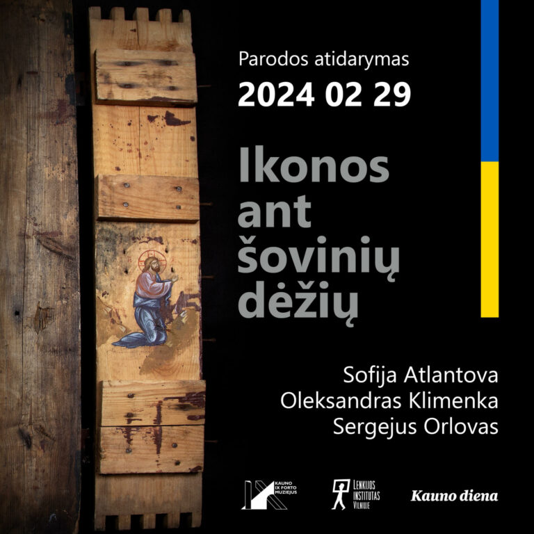 Afisz wystawy „Ikony na skrzyniach po amunicji” w Kownie.
