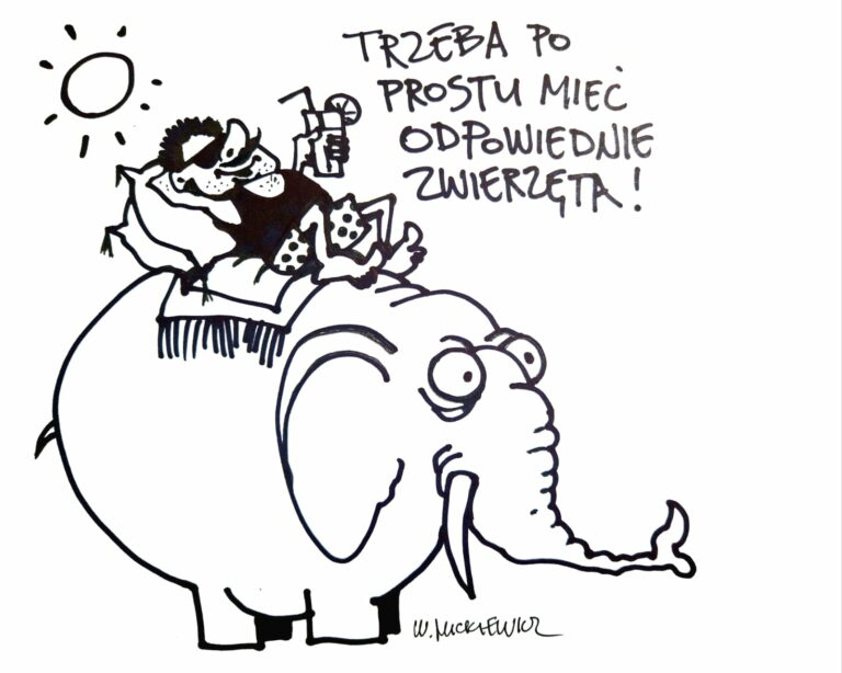 Karykatura: mężczyzna leżący na słoniu.