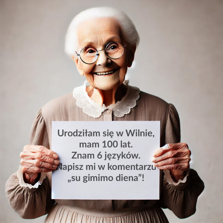 Babcia z kartką, gdzie prosi o złożenie życzeń z okazji 100 lat.