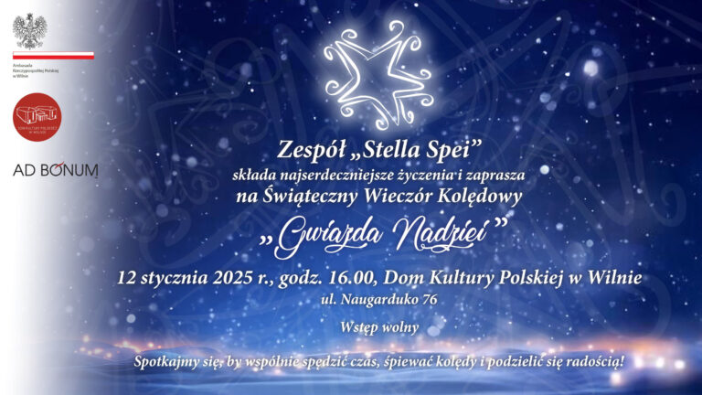 Afisz Świątecznego Dobroczynnego Wieczóru Kolęd „Gwiazda Nadziei”.