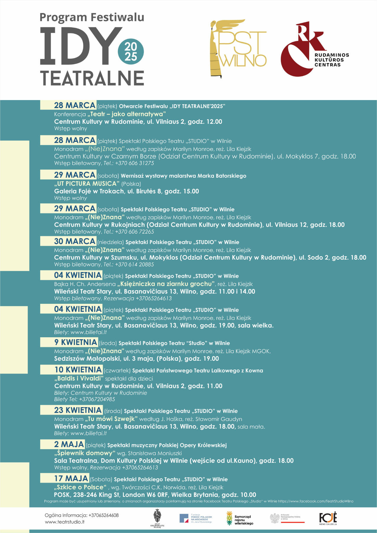 Polski Teatr „Studio” w Wilnie wraz z Centrum Kultury w Rudominie serdecznie zapraszają na Festiwal „IDY TEATRALNE’25”.