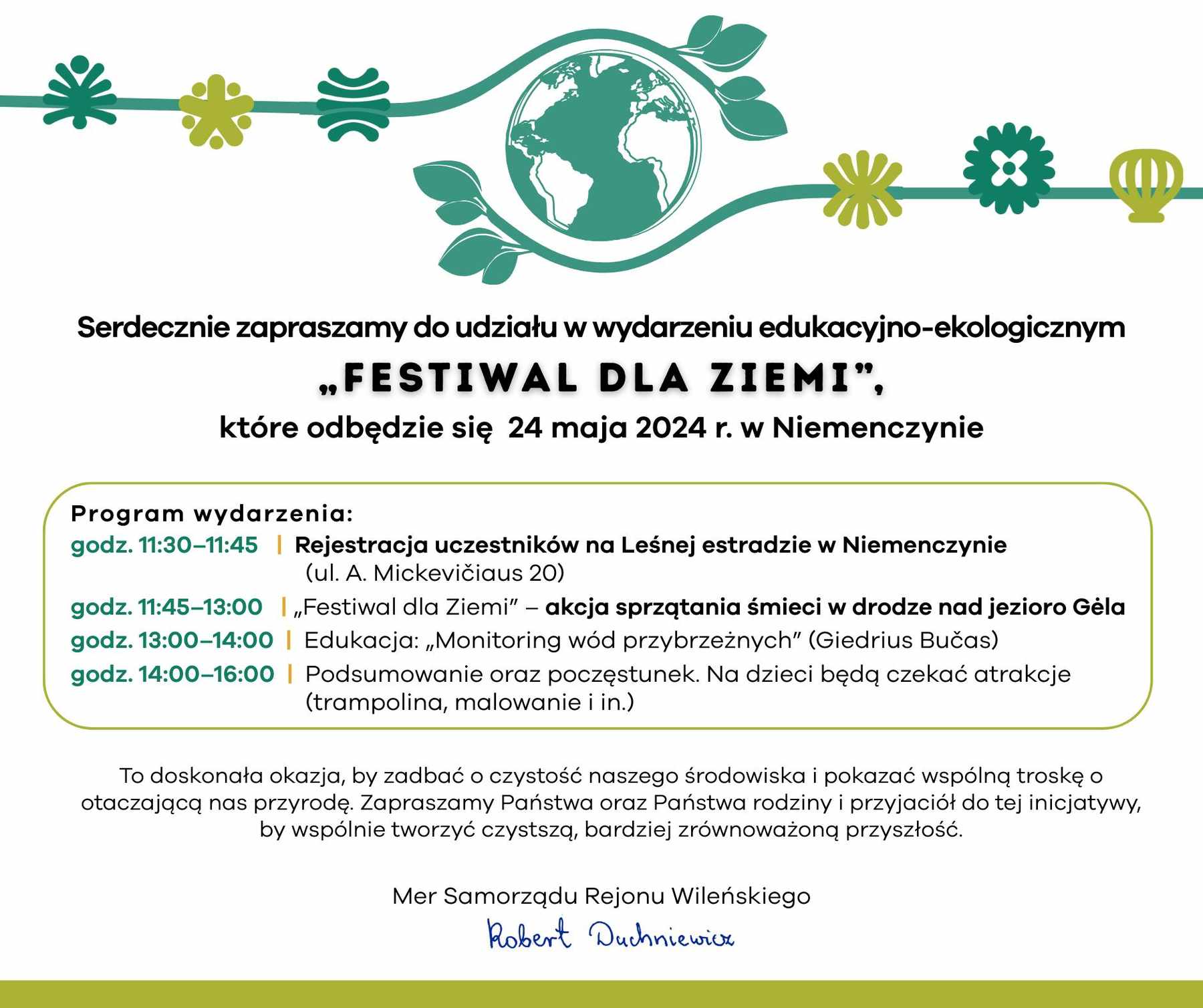Afisz: „Mieszkańcy rejonu wileńskiego są zapraszani na »Festiwal dla Ziemi«: przyczyńmy się do ochrony środowiska”.