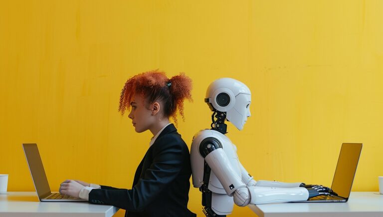 Dziewczyna siedzi z robotem.