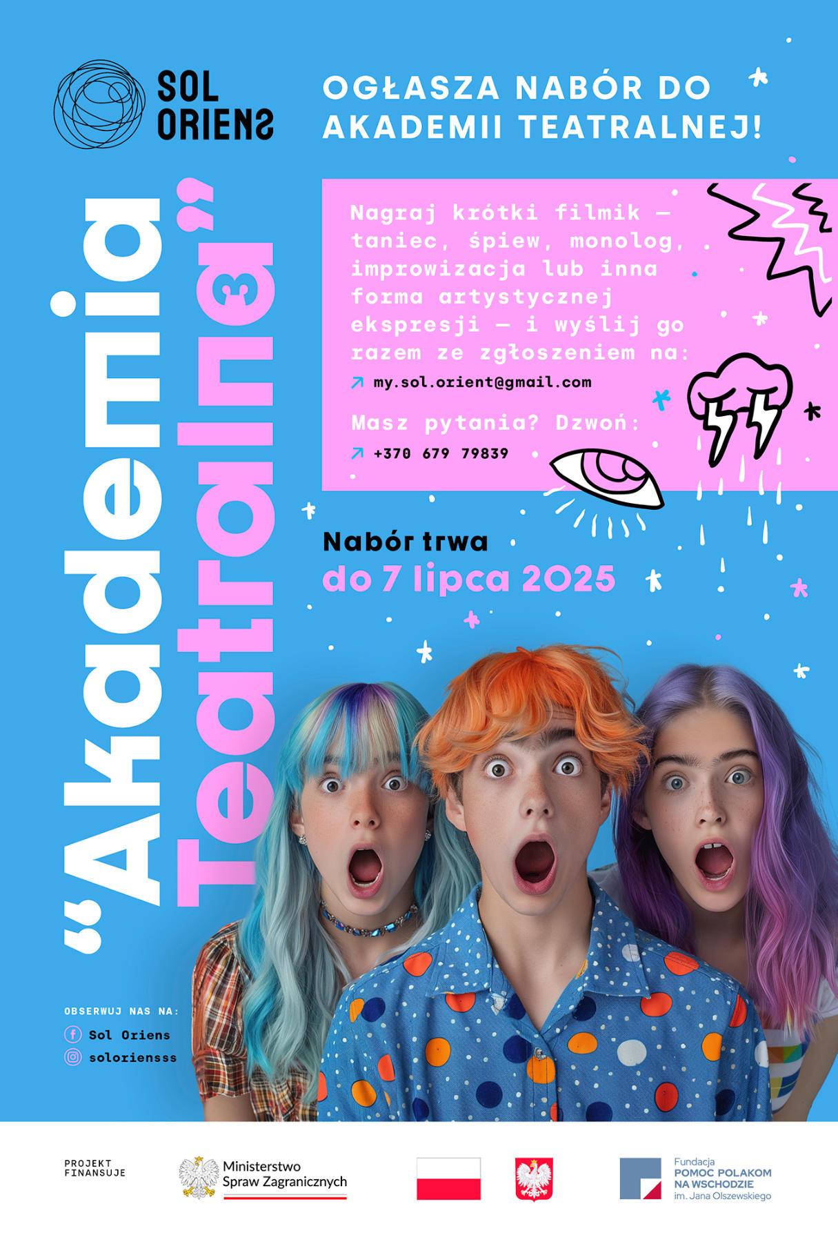 Afisz „Nowy nabór do »Akademii Teatralnej« SOL ORIENS – ruszamy z 3. edycją!”