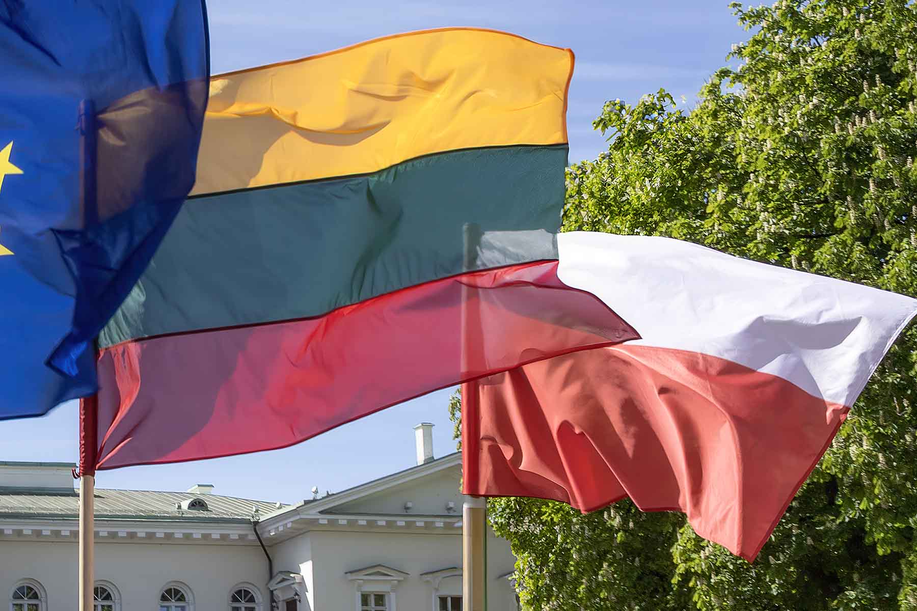 Flagi Polski, Litwy i UE.