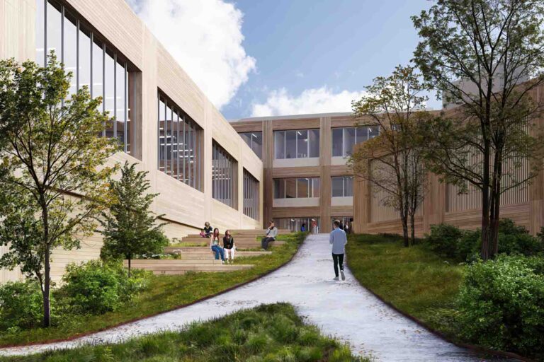 Projekt architektoniczny nowego progimnazjum kładzie duży nacisk na integrację przestrzeni wewnętrznych z zewnętrznymi.