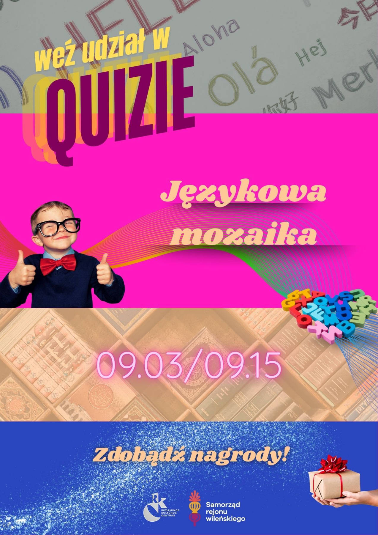 Afisz: „Zapraszamy do udziału w internetowym quizie »Językowa mozaika«”!
