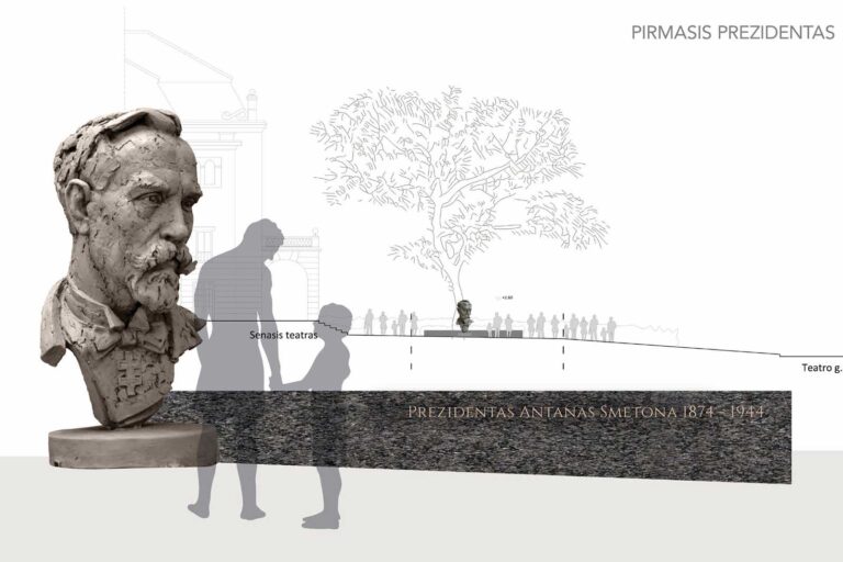 Przed teatrem na Pohulance stanie rzeźba „Pierwszy prezydent” autorstwa Mindaugasa Juntisa. Wizualizacja.