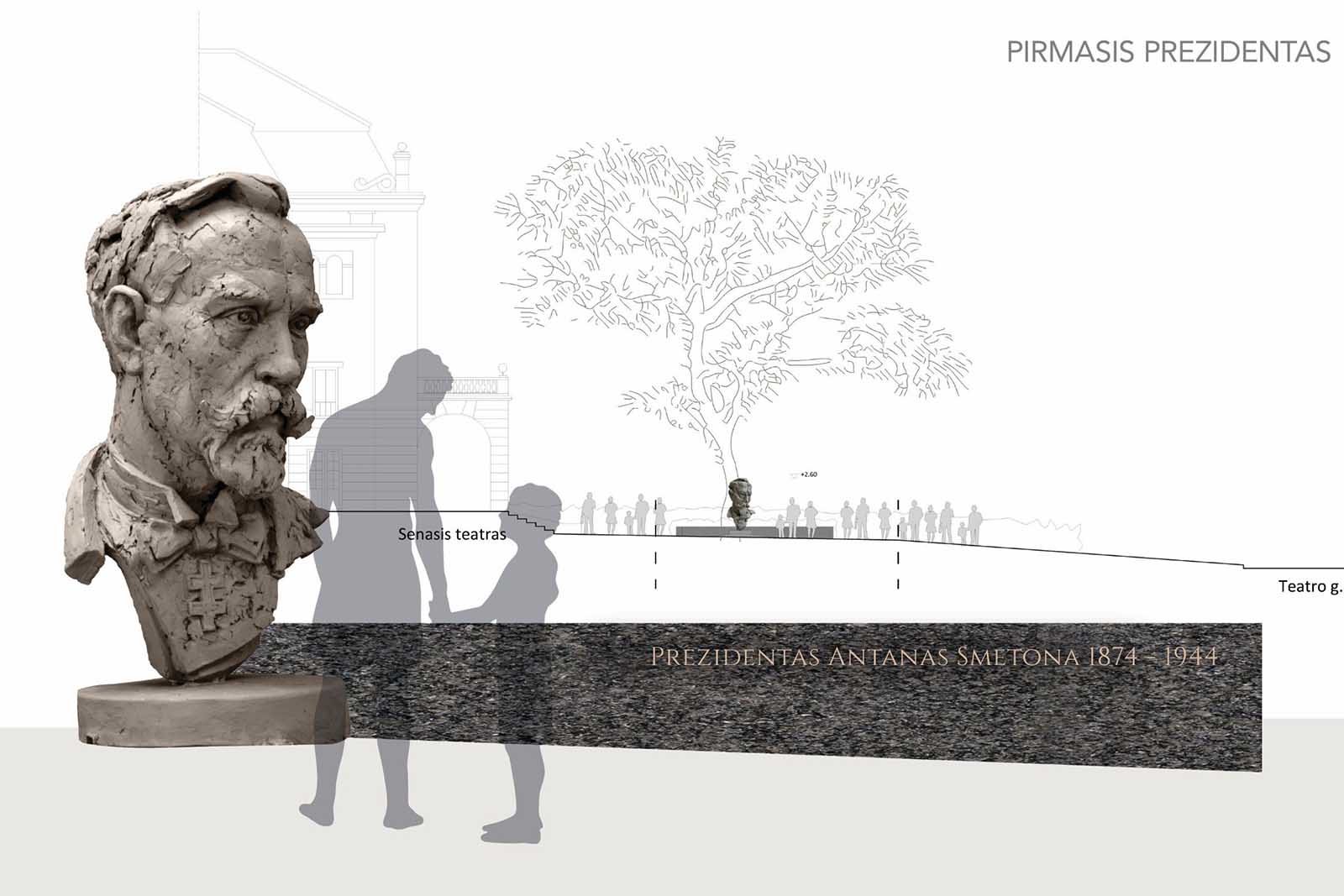 Przed teatrem na Pohulance stanie rzeźba „Pierwszy prezydent” autorstwa Mindaugasa Juntisa. Wizualizacja.
