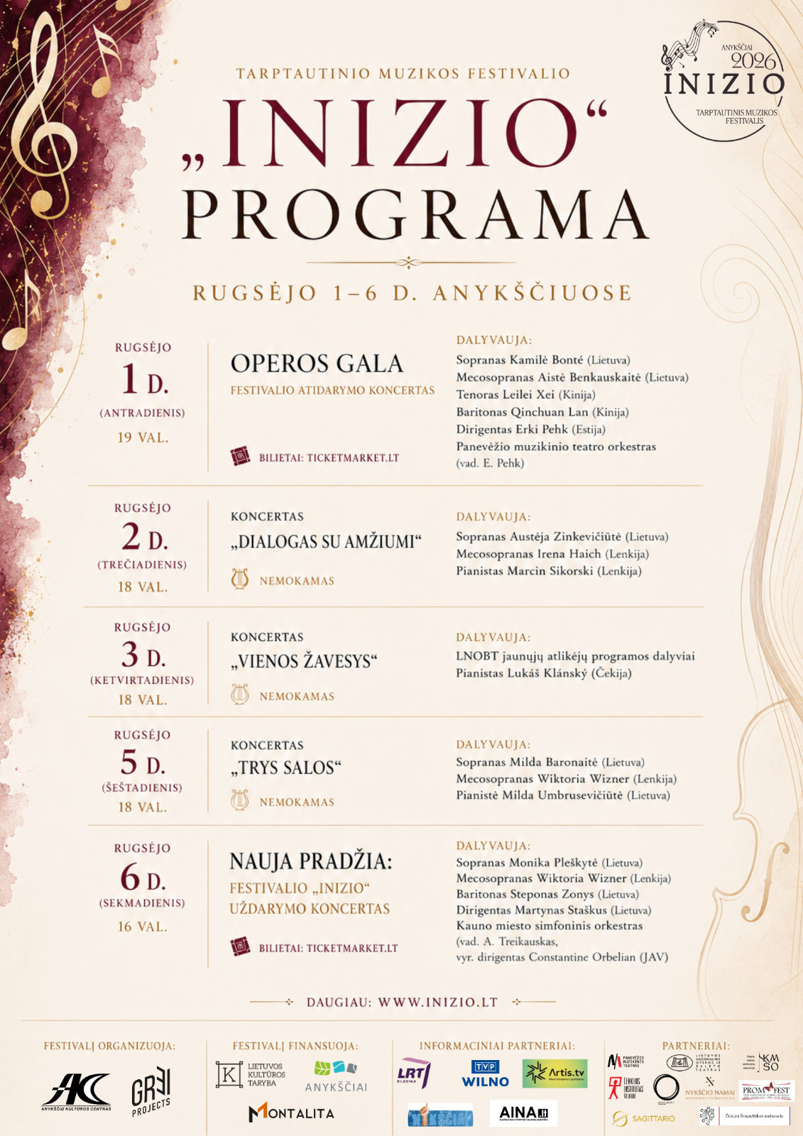 Program Festiwalu młodych talentów „INIZIO” w Oniksztach.