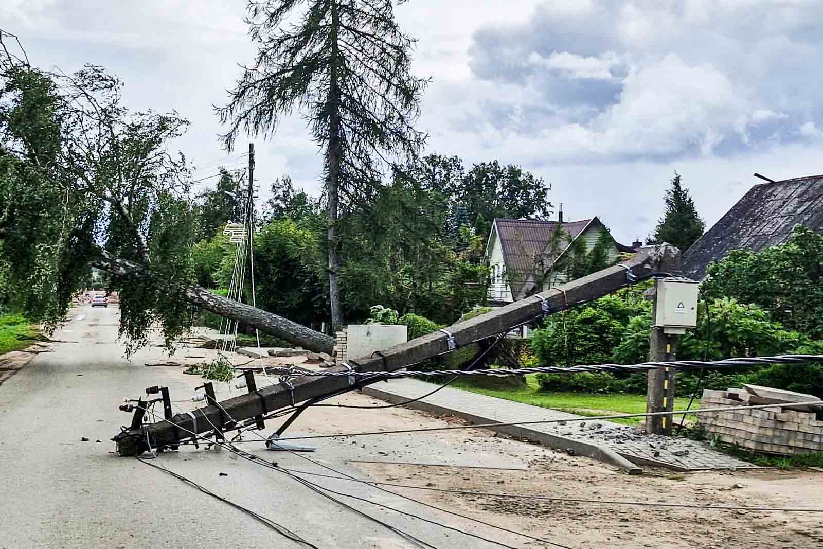 Powalone słup i drzewo podczas burzy.