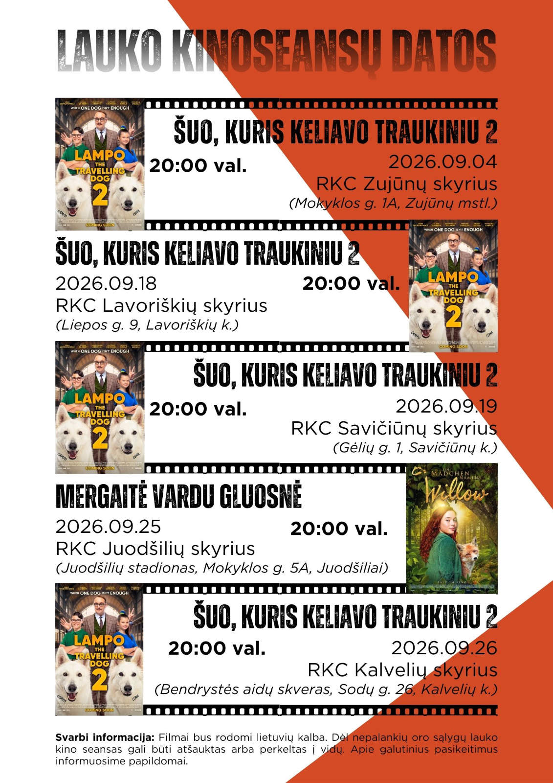 Lauko kinas 2026 - 2 Afisz filmów pod gołym niebem.