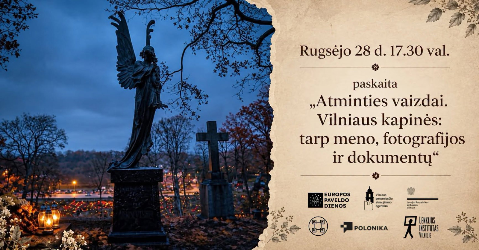 Afisz wykładu dr. Bartłomieja Gutowskiego „Obrazy pamięci. Cmentarze Wilna między sztuką, fotografią i dokumentacją”.
