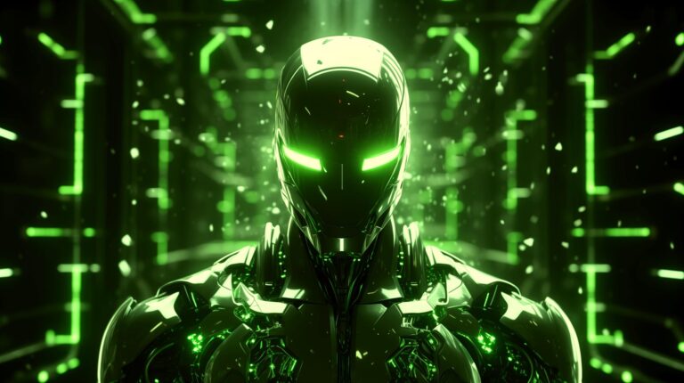 Robot na zielonym tle.